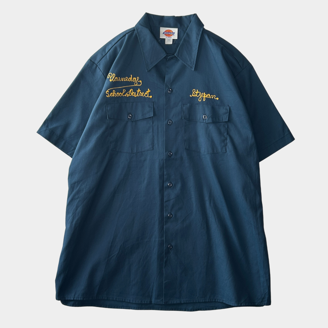 80~90's Dickies Plainedge School district ステファン 刺繍 ワークシャツ 紺 (XL)/A8003S-SO