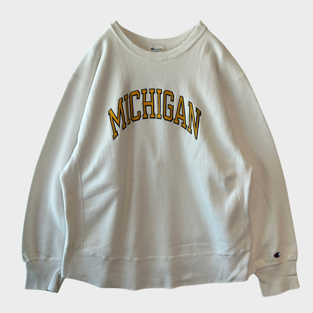 80's Champion リバースウィーブ "MICHIGAN" ミシガン大学 アーチロゴ スウェット ホワイト(L)/B4112R-SO
