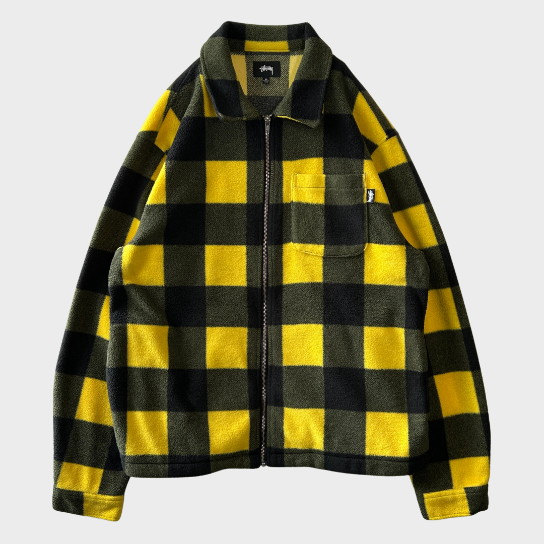00's Stussy ステューシー チェック フリース シャツジャケット 黒黄 (XL) /C0323J-SO
