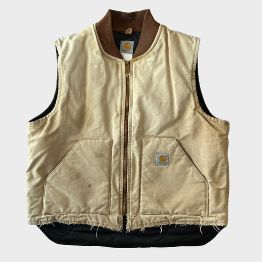 90's Carhartt カーハート ダックベスト BRN ブラウン 腰ゴム ベージュ系 （サイズ不明）/C0402V-SO