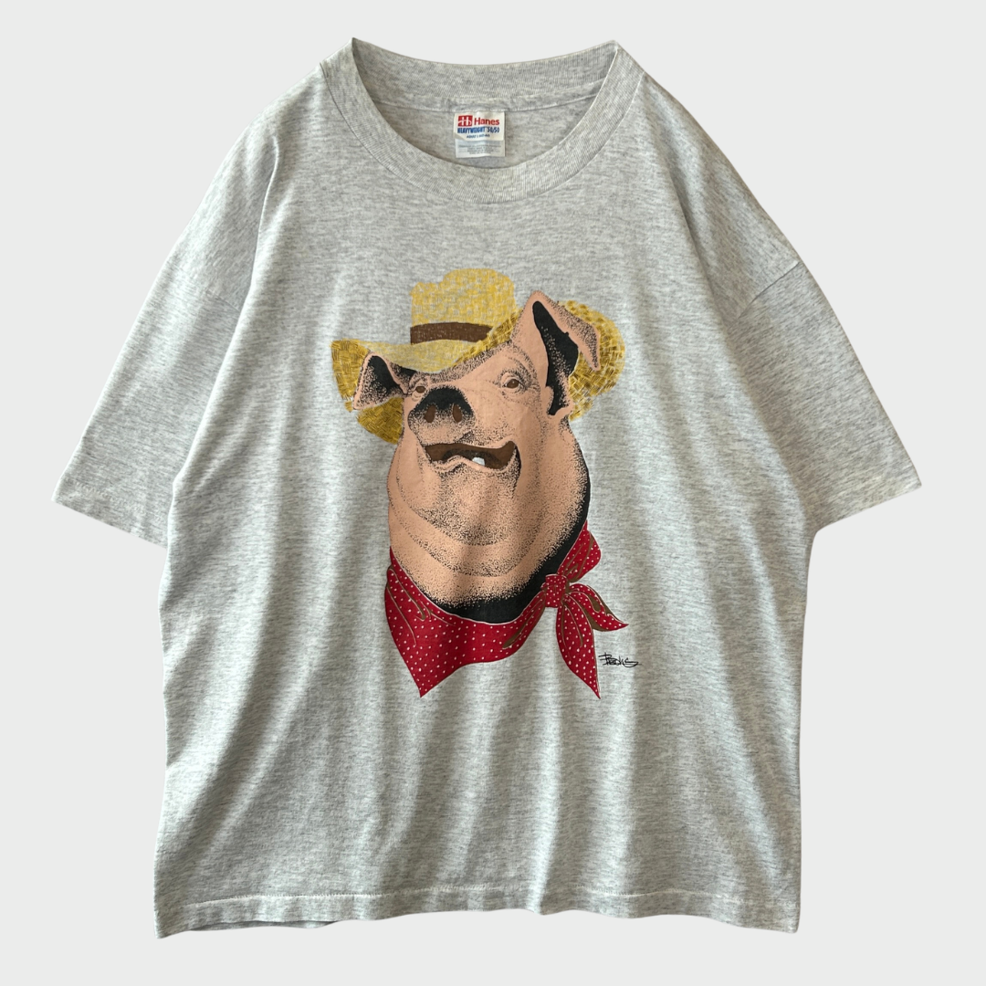 90's Hanes Heavyweight アニマルプリントTシャツ 豚 グレー (L)/B3499T-SO