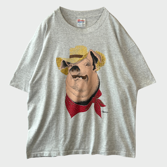 90's Hanes Heavyweight アニマルプリントTシャツ 豚 グレー (L)/B3499T-SO