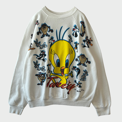 90's Tultex Warner Bros トゥウィッティ キャラクタースウェット ラグラン 白 (XL)/C0314S-SO