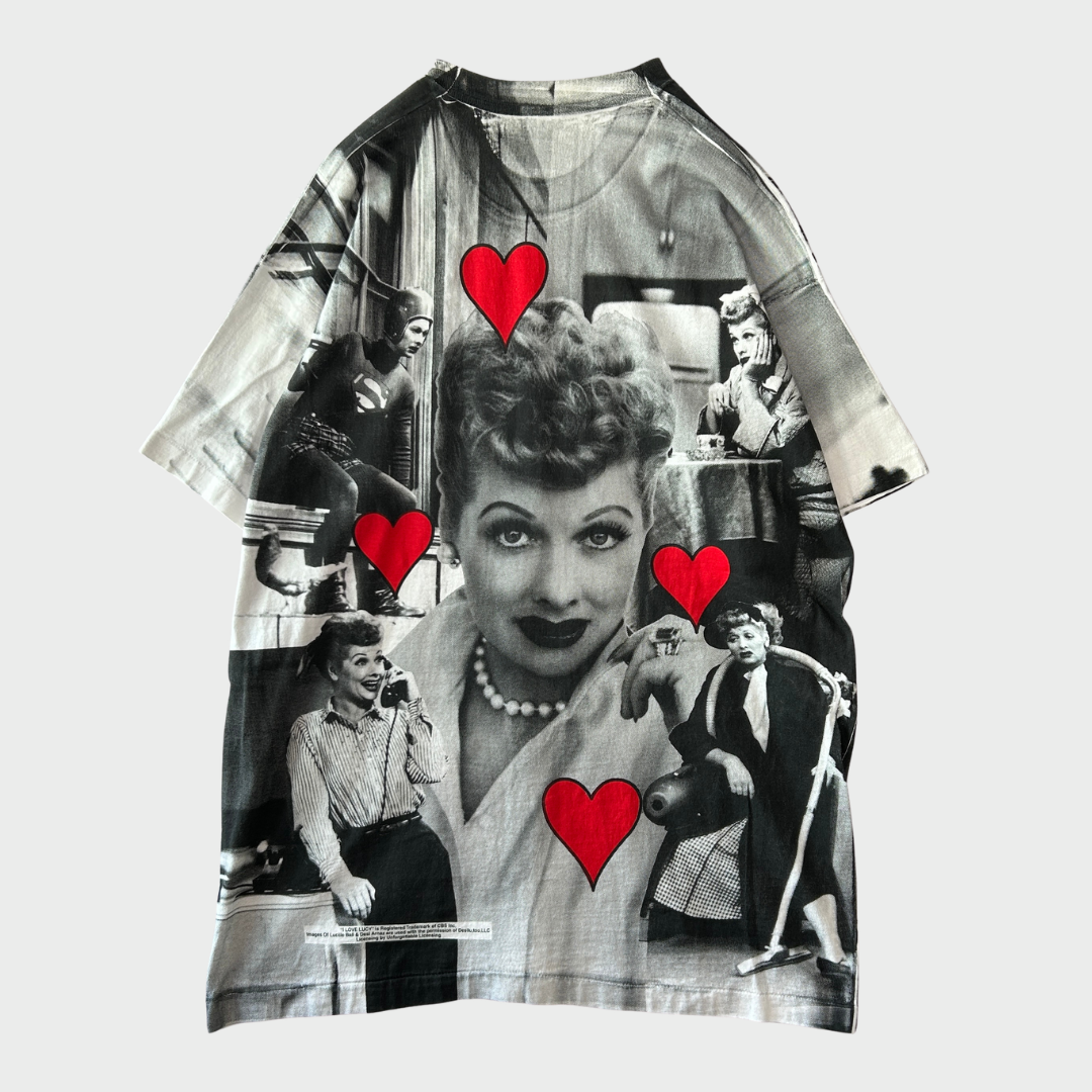 90's Fruit of the loom製 I love Lucy "Lucille Ball" 総柄Tシャツ (XXL)/A7586T-SO