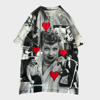 90's Fruit of the loom製 I love Lucy "Lucille Ball" 総柄Tシャツ (XXL)/A7586T-SO