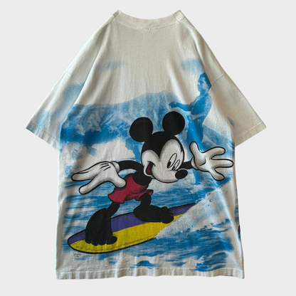 90's Disney ディズニー ミッキーマウス サーフィン オールオーバープリント Tシャツ 白 ワンサイズ B3093T-SO
