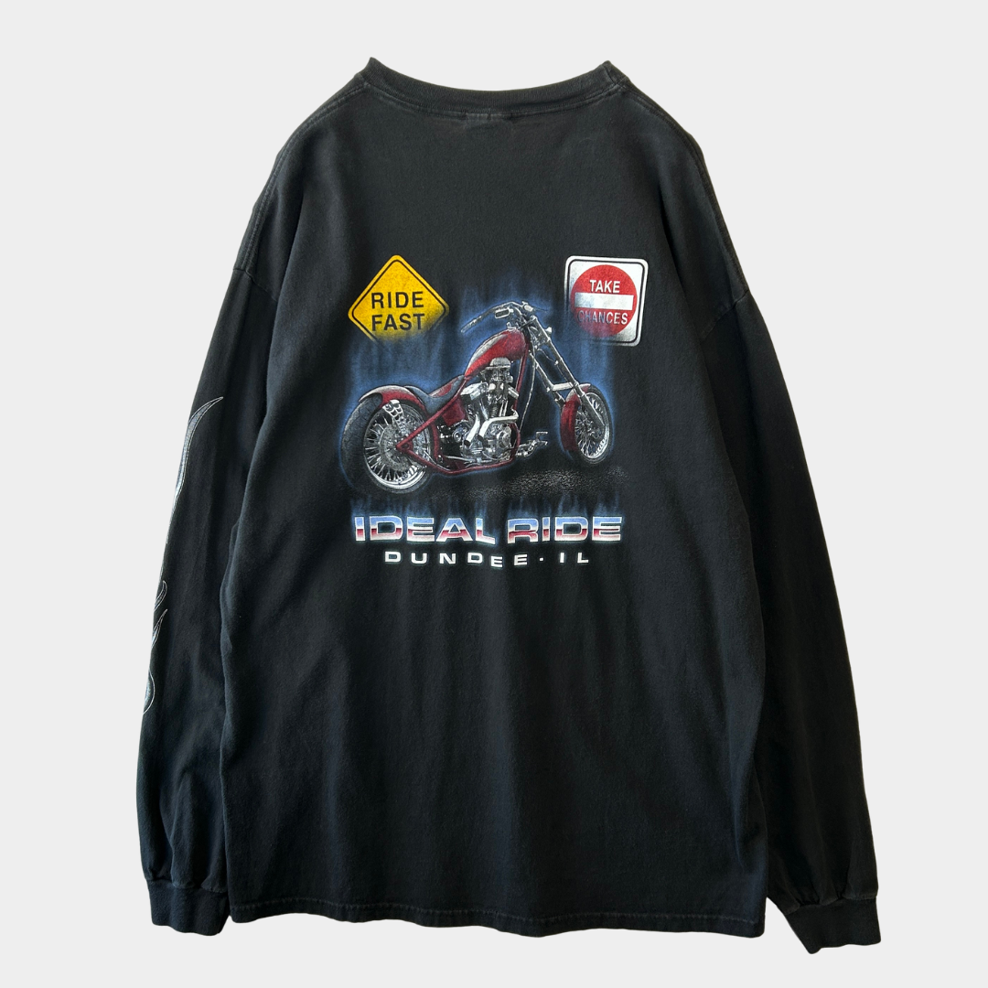 00's Hanes IDEAL RIDE 袖プリントロンT バイク 黒(XL)/B2845T-SO