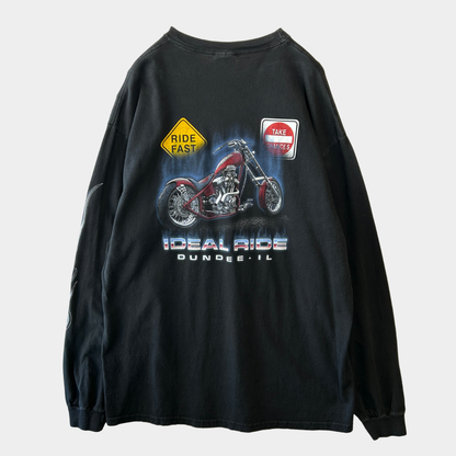 00's Hanes IDEAL RIDE 袖プリントロンT バイク 黒(XL)/B2845T-SO