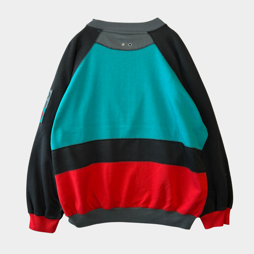 90's Adidas アディダス マルチカラーラグランスウェット 左袖パッチ 黒赤灰水色 (サイズ不明)/B0190S-SO