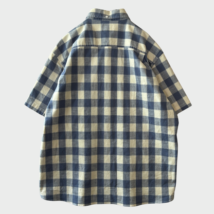 00's L.L.Bean エルエルビーン ブロックチェック 半袖 ボタンダウンシャツ 青 (L)/B3656SH-SO