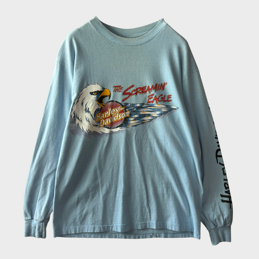 90's Hanes Harley-Davidson "The Screamin' Eagle" 袖プリント ロングTシャツ 水色 (L)/A6501T-SO