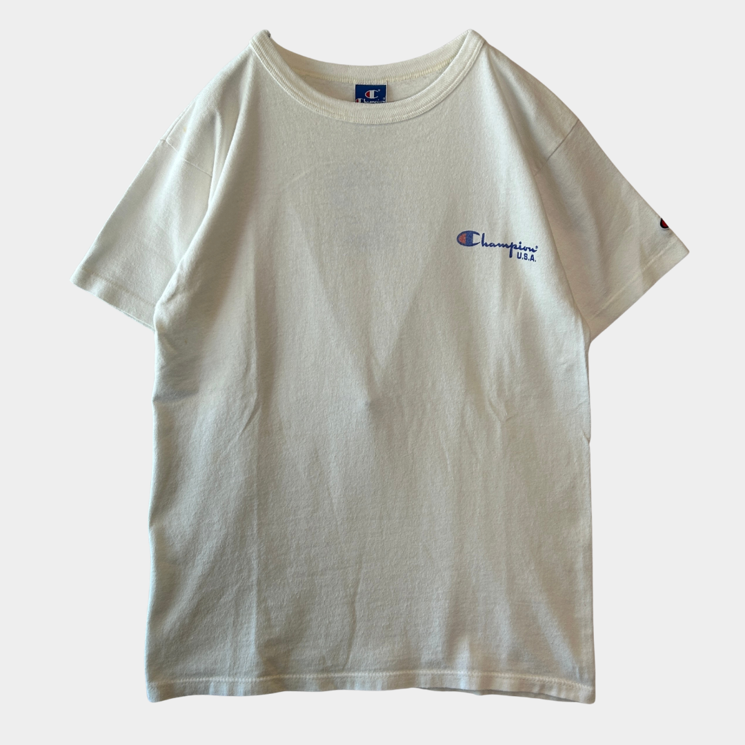 90's Champion スクリプトロゴプリントTシャツ 88/12 USA製 ホワイト(M)/A7471T-SO