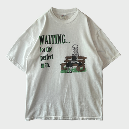 00's Jerzees "WAITING... for the perfect man" 骸骨 メッセージTシャツ 白 (L)/B2806T-SO