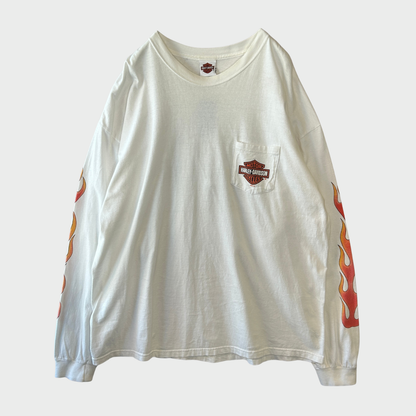 00's  HAREY-DAVIDSON  Birmingham,AL  ファイヤーパターン 袖プリント ロンT 白 (2XL) /B3247T-SO