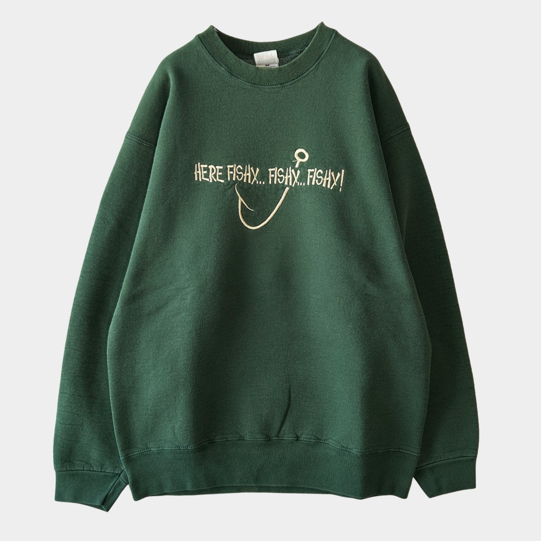 00's Fruit of the loom "Here Fishy... Fishy... Fishy!" ヘビーウェイト メッセージスウェットシャツ 緑 (L)/B1091S-SO