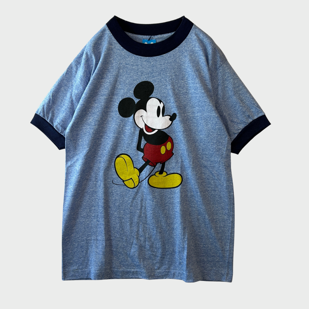 80's Disney オールドミッキー リンガーTシャツ 青 霜降り (M)/A7630T