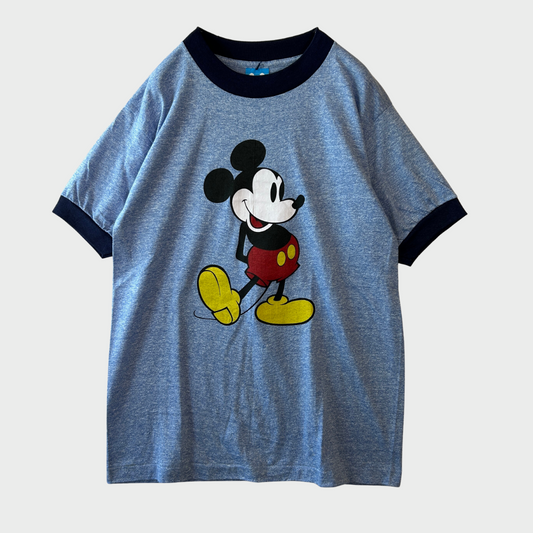 80's Disney オールドミッキー リンガーTシャツ 青 霜降り (M)/A7630T-SO