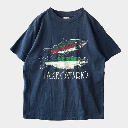 90's Savvy LAKE ONTARIO オンタリオ湖プリントTシャツ トラウト サーモン 紺(L)/A7386T-SO