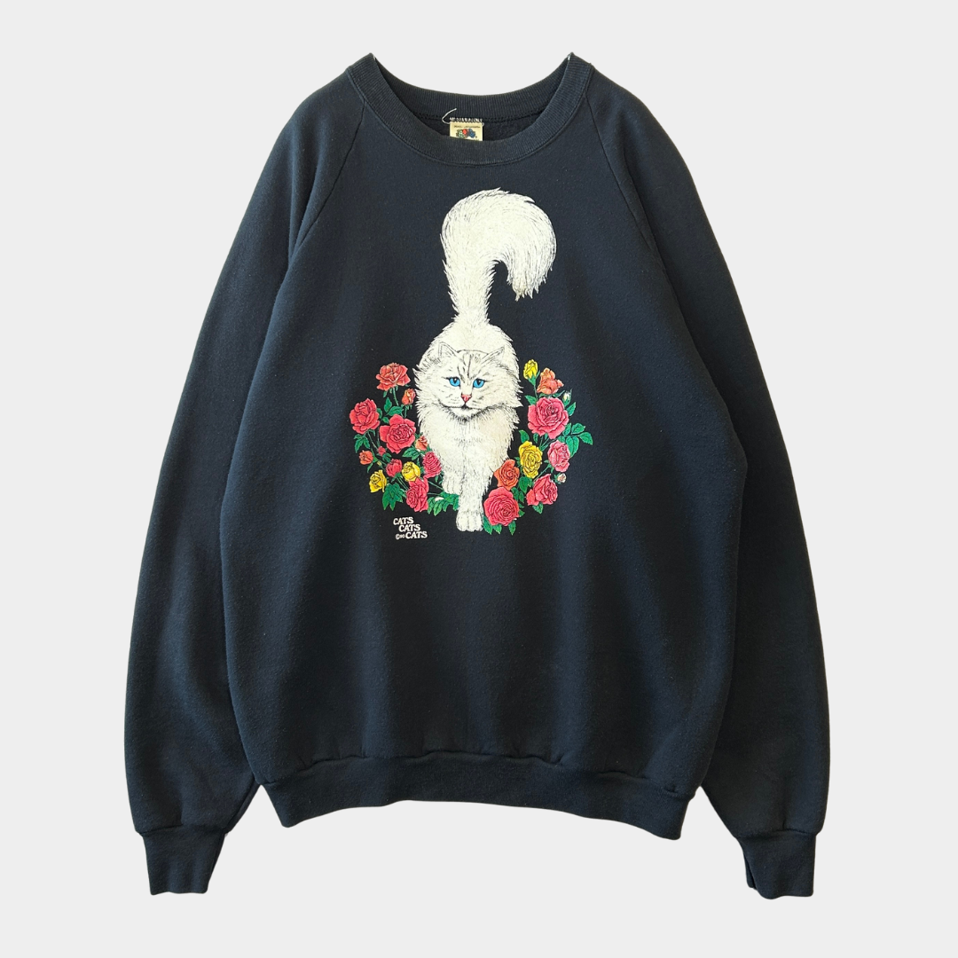 90's Fruit of the loom ペルシャ猫と薔薇 両面プリントスウェット 黒 (XXL)/B2855S-SO