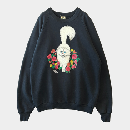 90's Fruit of the loom ペルシャ猫と薔薇 両面プリントスウェット 黒 (XXL)/B2855S-SO