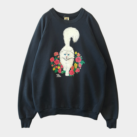 90's Fruit of the loom ペルシャ猫と薔薇 両面プリントスウェット 黒 (XXL)/B2855S-SO