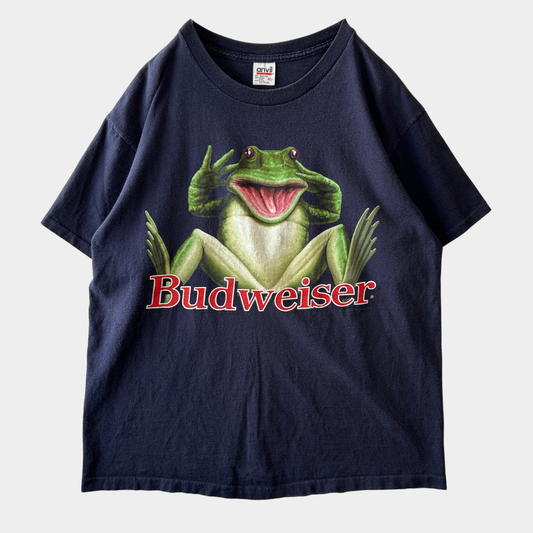 90's Budweiser バドワイザー フロッグ Tシャツ ビール 企業Tシャツ ネイビー(XL)/C0991T-SO