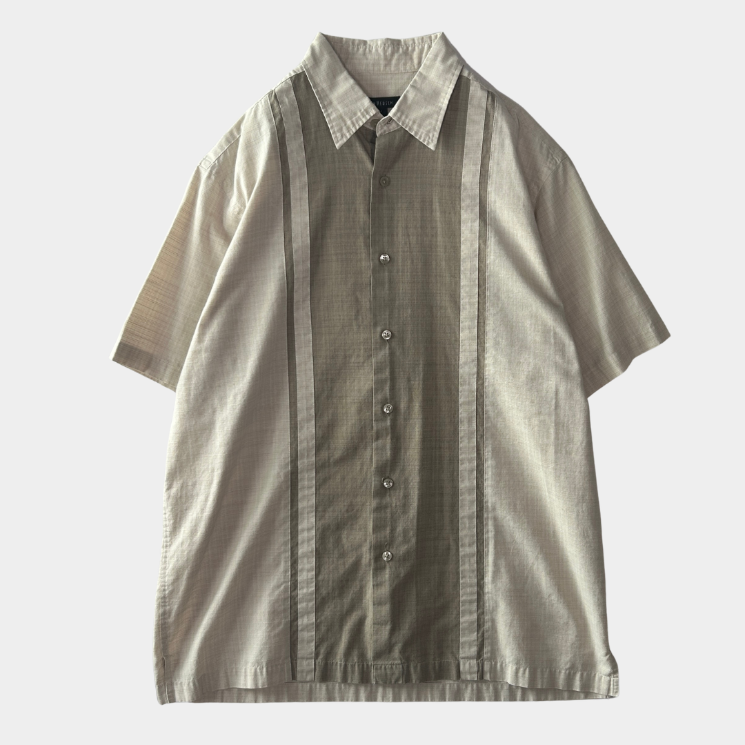 00's Van Heusen ストライプシャツ ２トーン 半袖シャツ グレー/ベージュ (M)/C0985S-SO