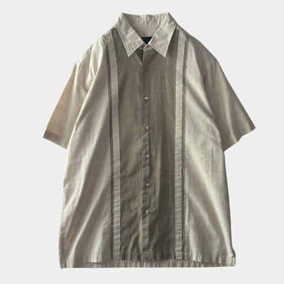 00's Van Heusen ストライプシャツ ２トーン 半袖シャツ グレー/ベージュ (M)/C0985S-SO