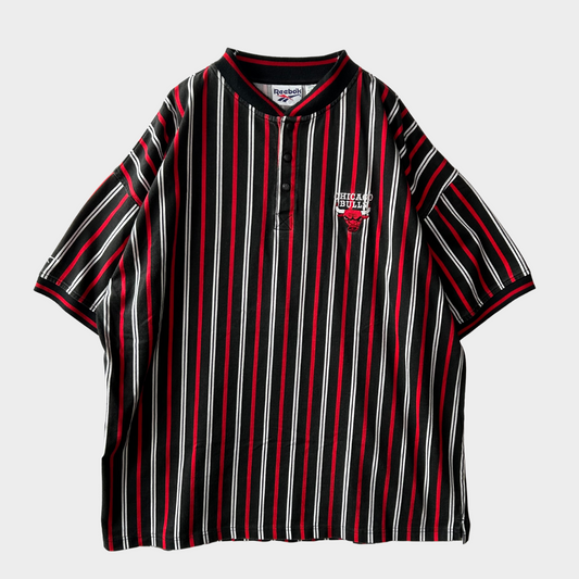 90's Reebok CHICAGO BULLUS ヘンリーネックTシャツ ストライプ (L)/B2110T-SO