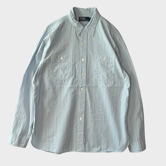 00's Ralph Lauren ラルフローレン ストライプシャツ チンスト 水色白青 (L)/A7962S-SO