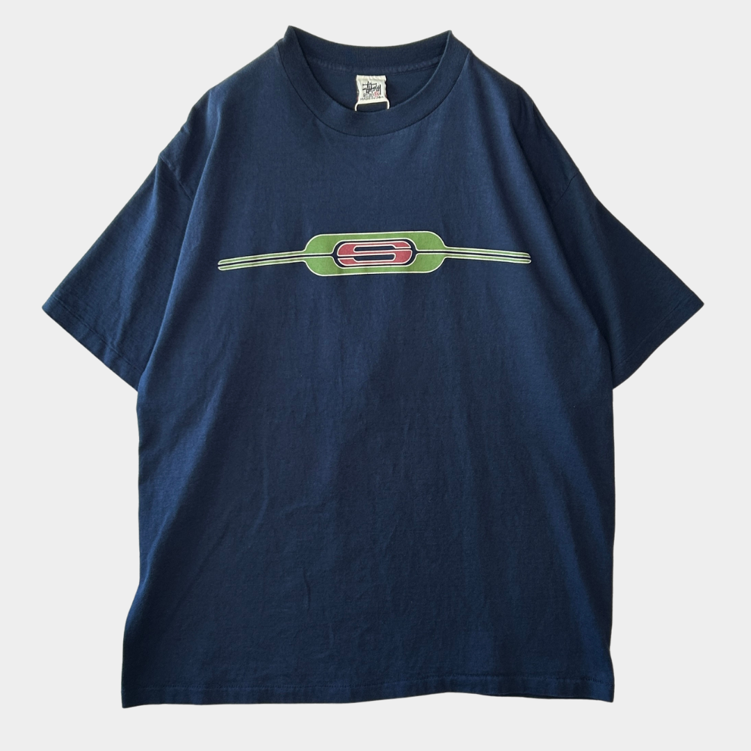 90's Stussy ステューシー グラフィック ロゴプリントTシャツ 紺 (XL)/C0384T-SO