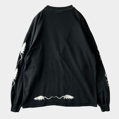 90's Hanes Rat ネズミ 袖プリントTシャツ ロンT アート ブラック 長袖（XL)/C1032T-SO