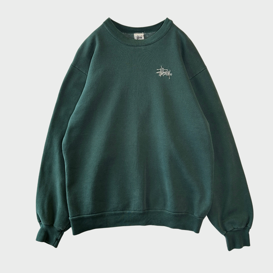 90's Stussy ステューシー ロゴ刺繍 スウェット 深緑 (推定Mサイズ) /B4210S-So