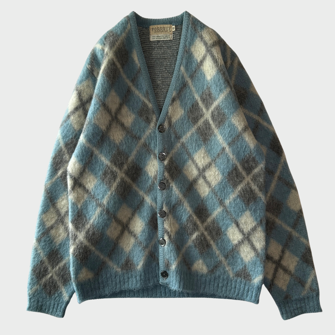 60's FORREST SPORTWEAR アーガイル調 モヘアカーディガン 水色白グレー (M)/C1509O-SO