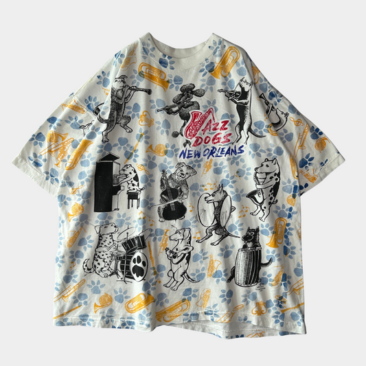 90's "JAZZ DOGS NEW ORLEANS" Tシャツ 総柄 ホワイト (XL)/A7558T-SO