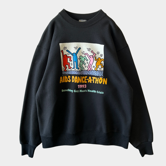 90's Hanes キース・ヘリング"AIDS DANCE-A-THON" アートプリントスウェット 黒(L)A2244S-SO