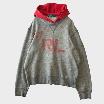 00's Polo Ralph Lauren ラルフローレン 後付けフーディ "67TH RL" グレー×レッド (L)/A1794