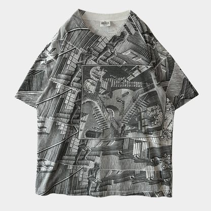 90's M.C.Escher エッシャー "相対性” アートTシャツ 総柄 ANDAZIA(XL)/C0971T-SO