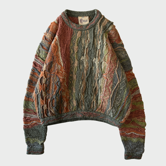 90's COOGI CLASSIC クージー 総柄 3Dニット セーター ブラウンカーキ (S) /B1670K-SO