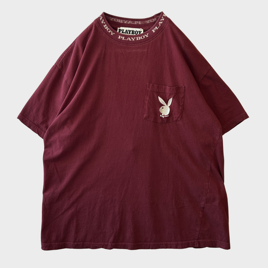 00's PLAYBOY プレイボーイ PasCon ネックロゴ ポケットTシャツ ワインレッド (M)/B3963T-SO