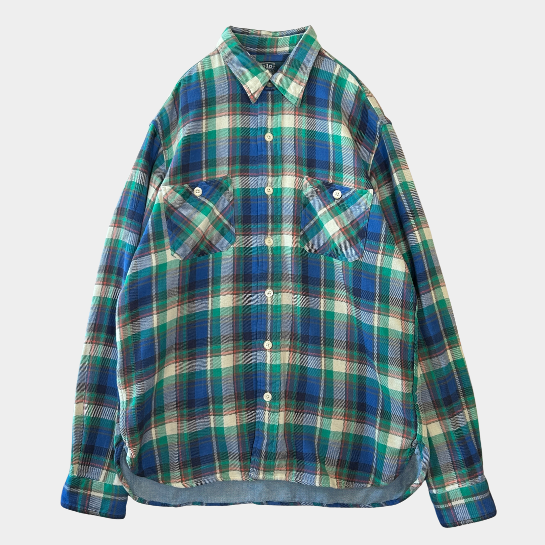 00's Polo ラルフローレン ツイルマドラスチェックシャツ 青緑白(L)/B3065SH-SO