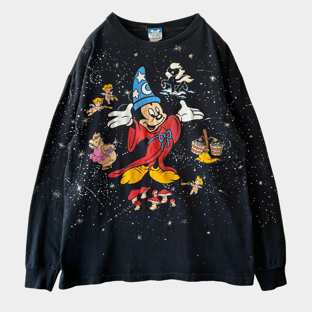90's Disney FANTASIA 50th Anniversary  ロンT ディズニー Tシャツ ブラック(L)/B3570T-SO