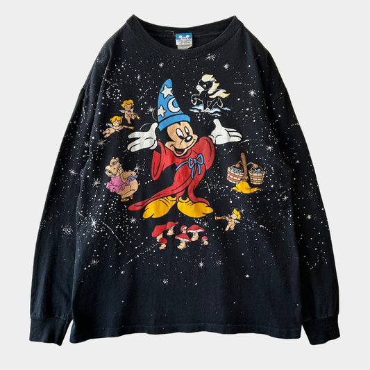 90's Disney FANTASIA 50th Anniversary  ロンT ディズニー Tシャツ ブラック(L)/B3570T-SO