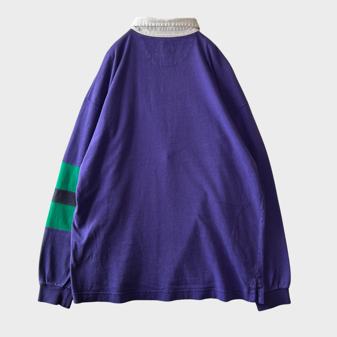 90's Lands'end ランズエンド ラガーシャツ 袖ボーダー 紫(L)/A7872T-SO