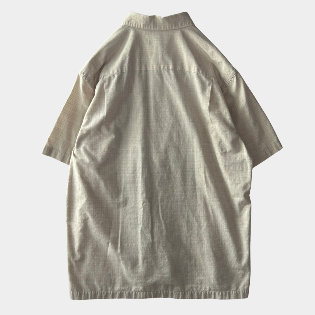 00's Van Heusen ストライプシャツ ２トーン 半袖シャツ グレー/ベージュ (M)/C0985S-SO