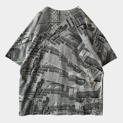 90's M.C.Escher エッシャー "相対性” アートTシャツ 総柄 ANDAZIA(XL)/C0971T-SO