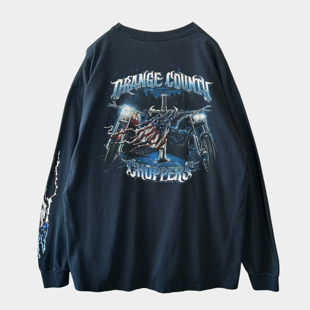 ORANGE COUNTRY CHOPPERS 袖プリント ロンT 黒/A7707T-SO
