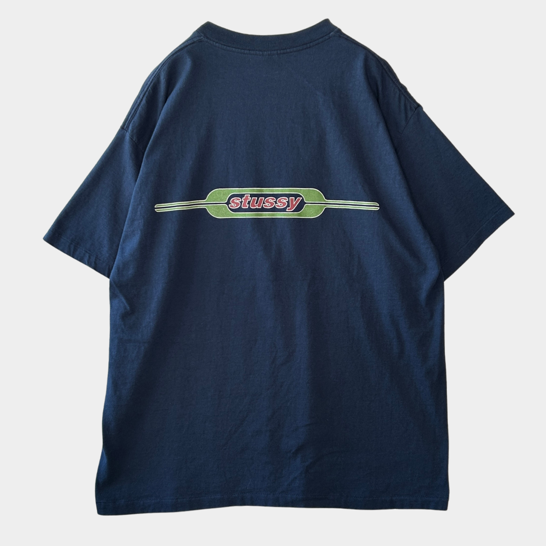 90's Stussy ステューシー グラフィック ロゴプリントTシャツ 紺 (XL)/C0384T-SO