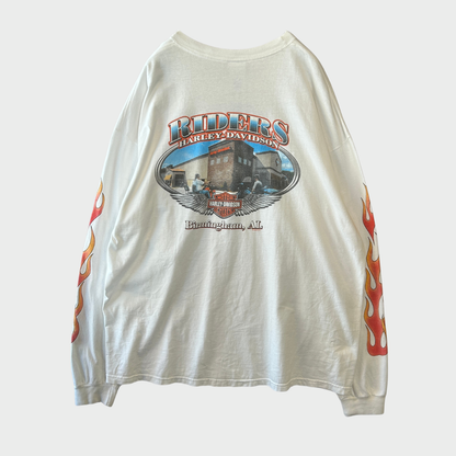 00's  HAREY-DAVIDSON  Birmingham,AL  ファイヤーパターン 袖プリント ロンT 白 (2XL) /B3247T-SO
