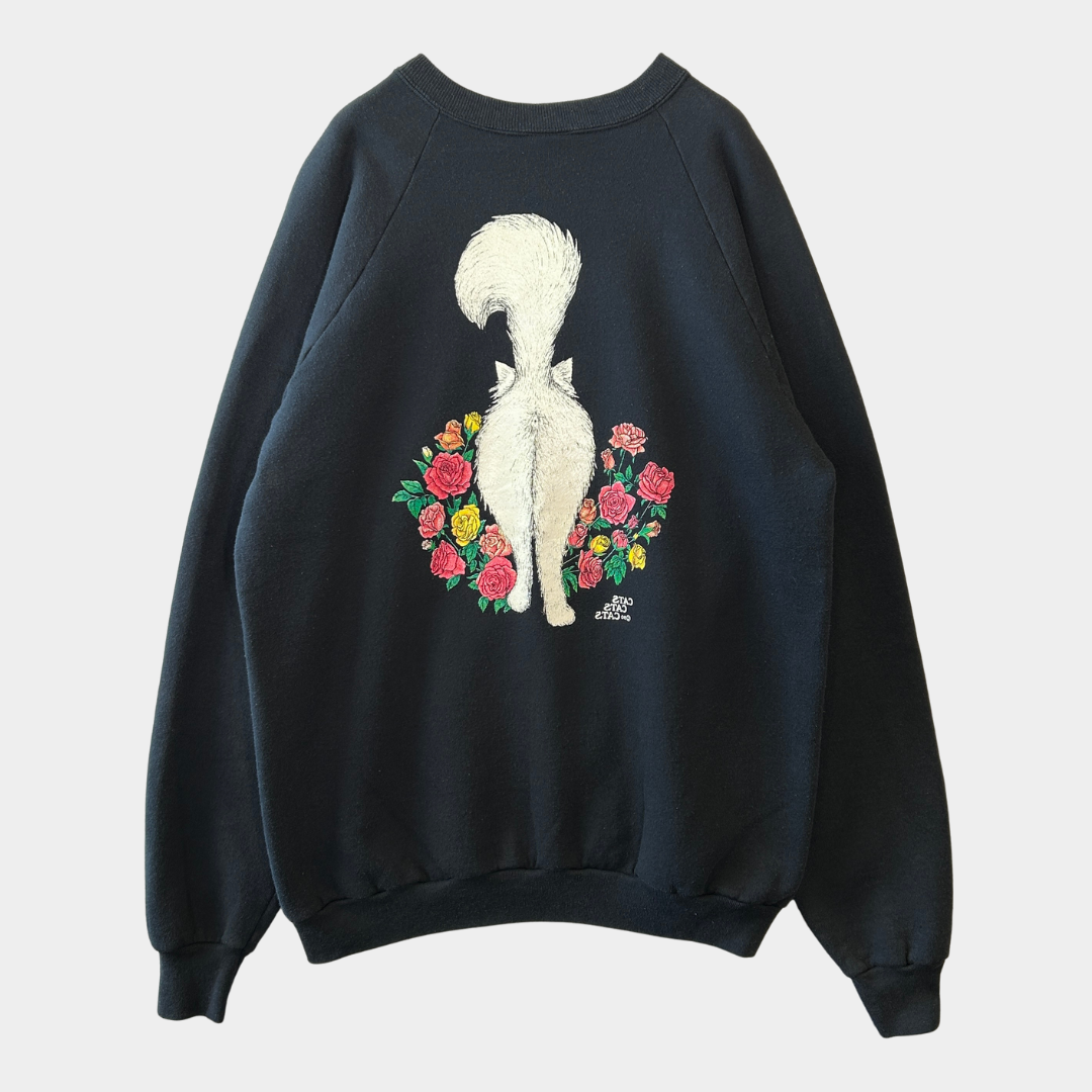 90's Fruit of the loom ペルシャ猫と薔薇 両面プリントスウェット 黒 (XXL)/B2855S-SO